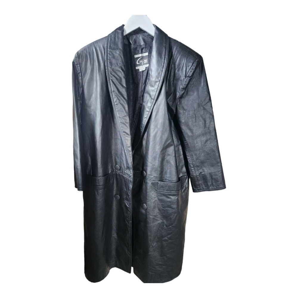 Vintage Global Identity G III Long Black Leather Trench Style Coat Size Medium